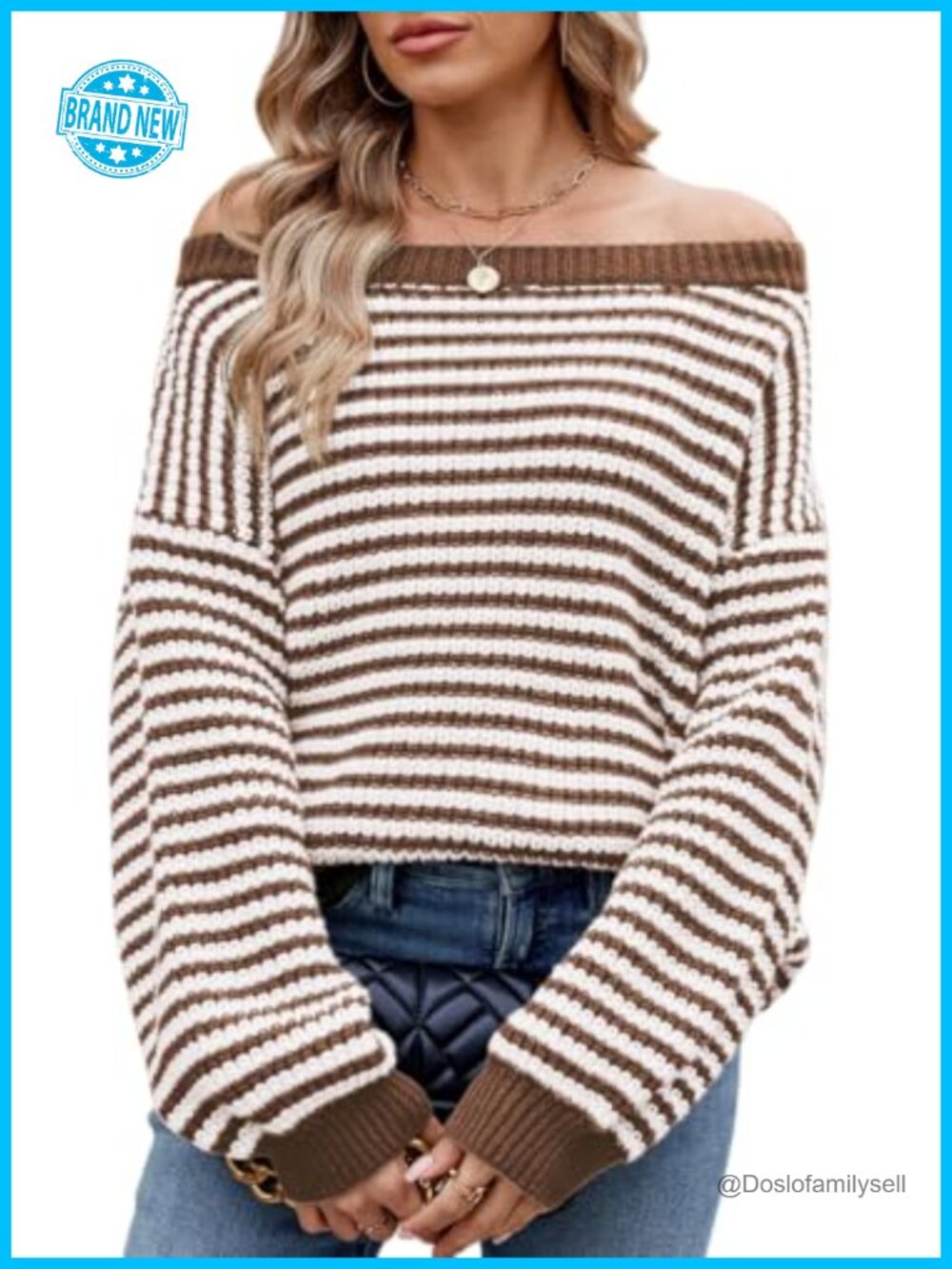 Oversized Striped Knit Pullover Sweater Off Shoulder Long Sleeve Loose Fit